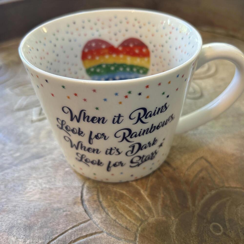When It Rains Look For Rainbows Coffee Tea Mug Cup Cooksmart England Stars Heart